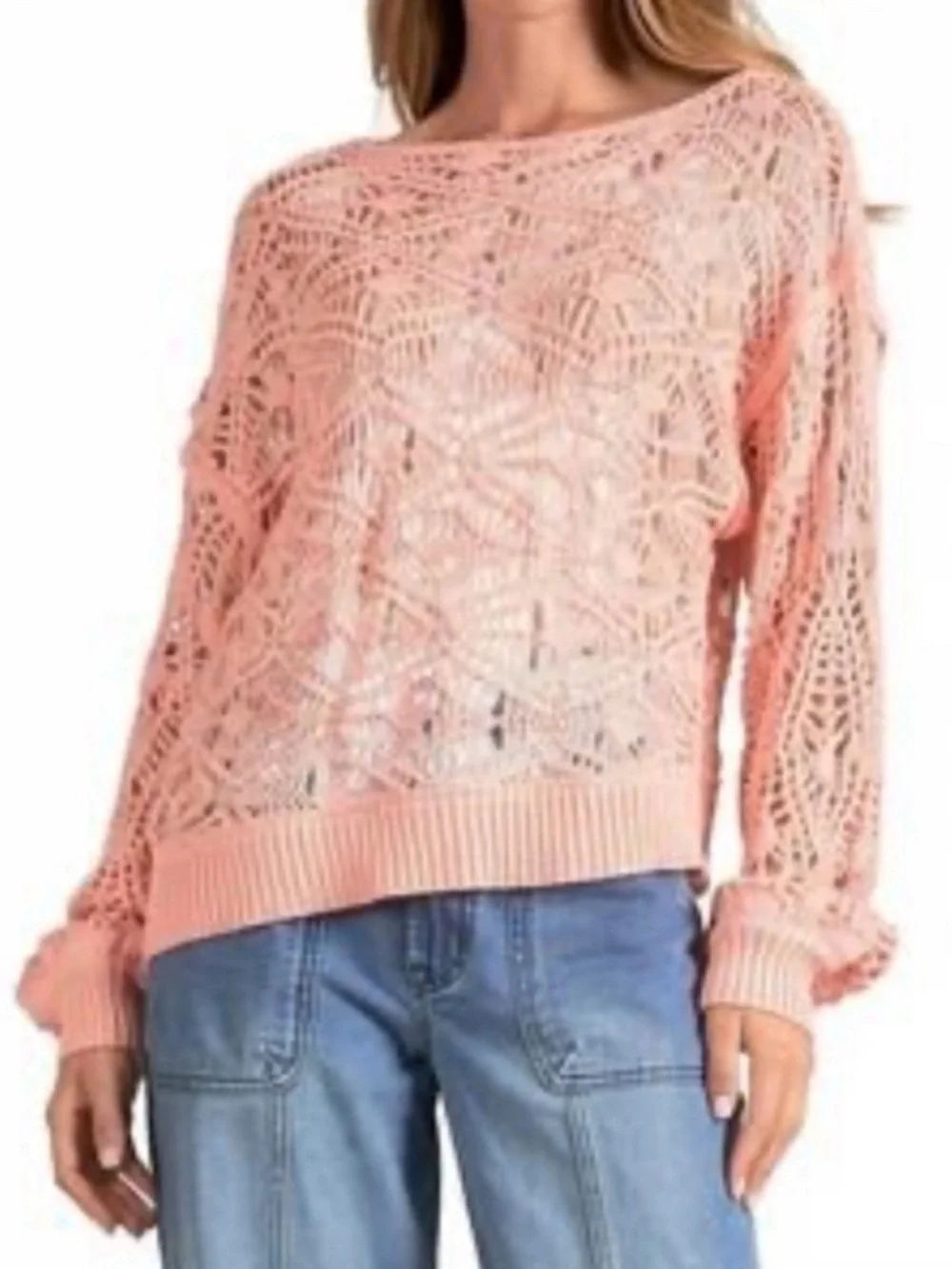 Elan Anthropologie L Crochet Open Knit Sweater Purple Asymmetrical Boho Grunge